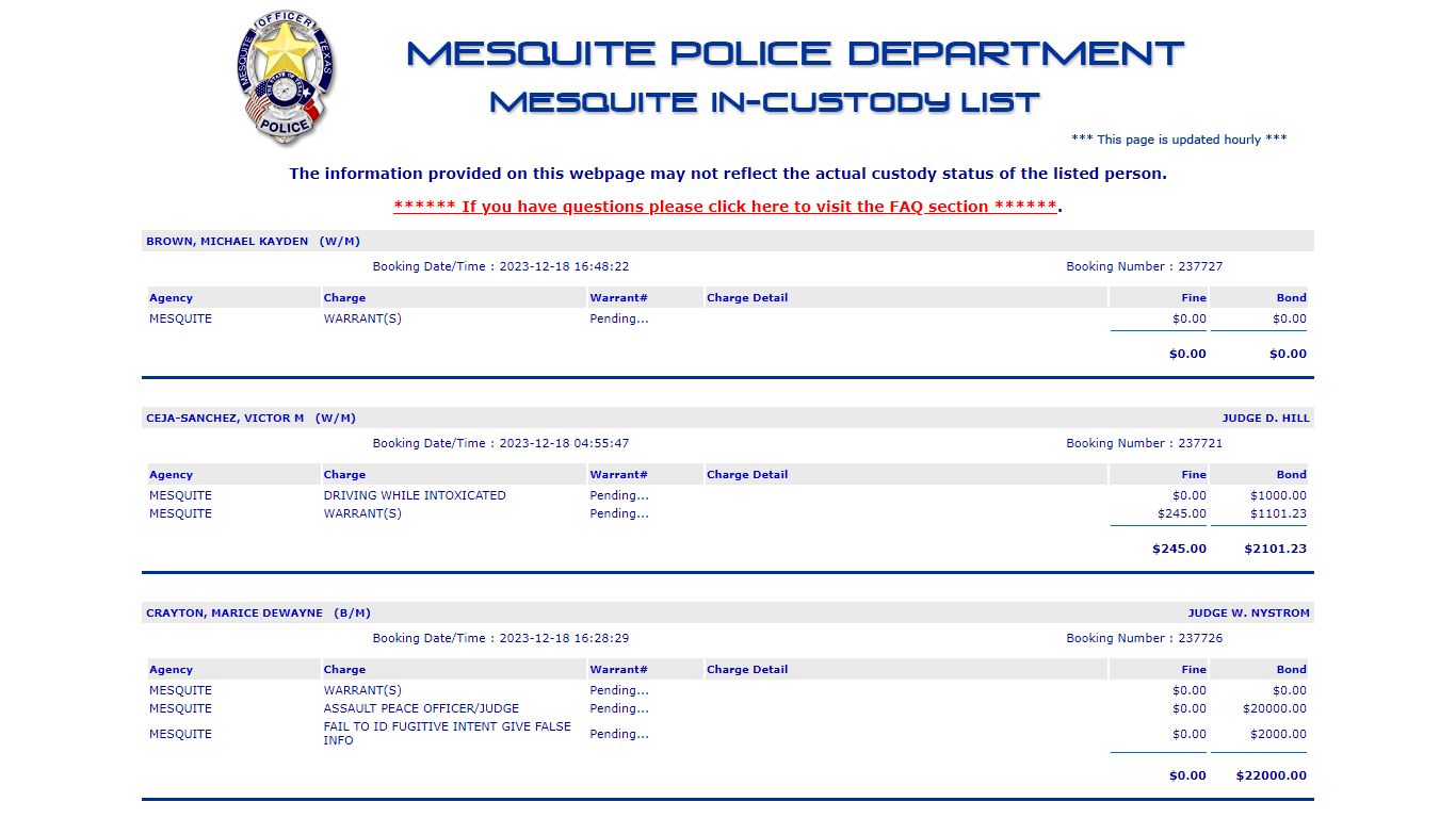Jail List - Mesquite Police Department